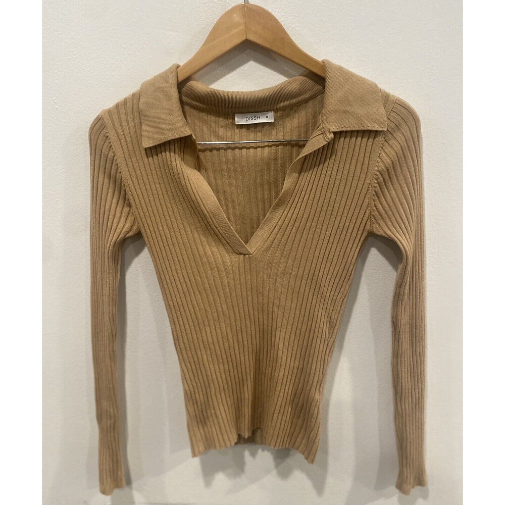 DISSH Tan color Ribbed Collared V Neck Fenton Pullover Sweater Top Size 10